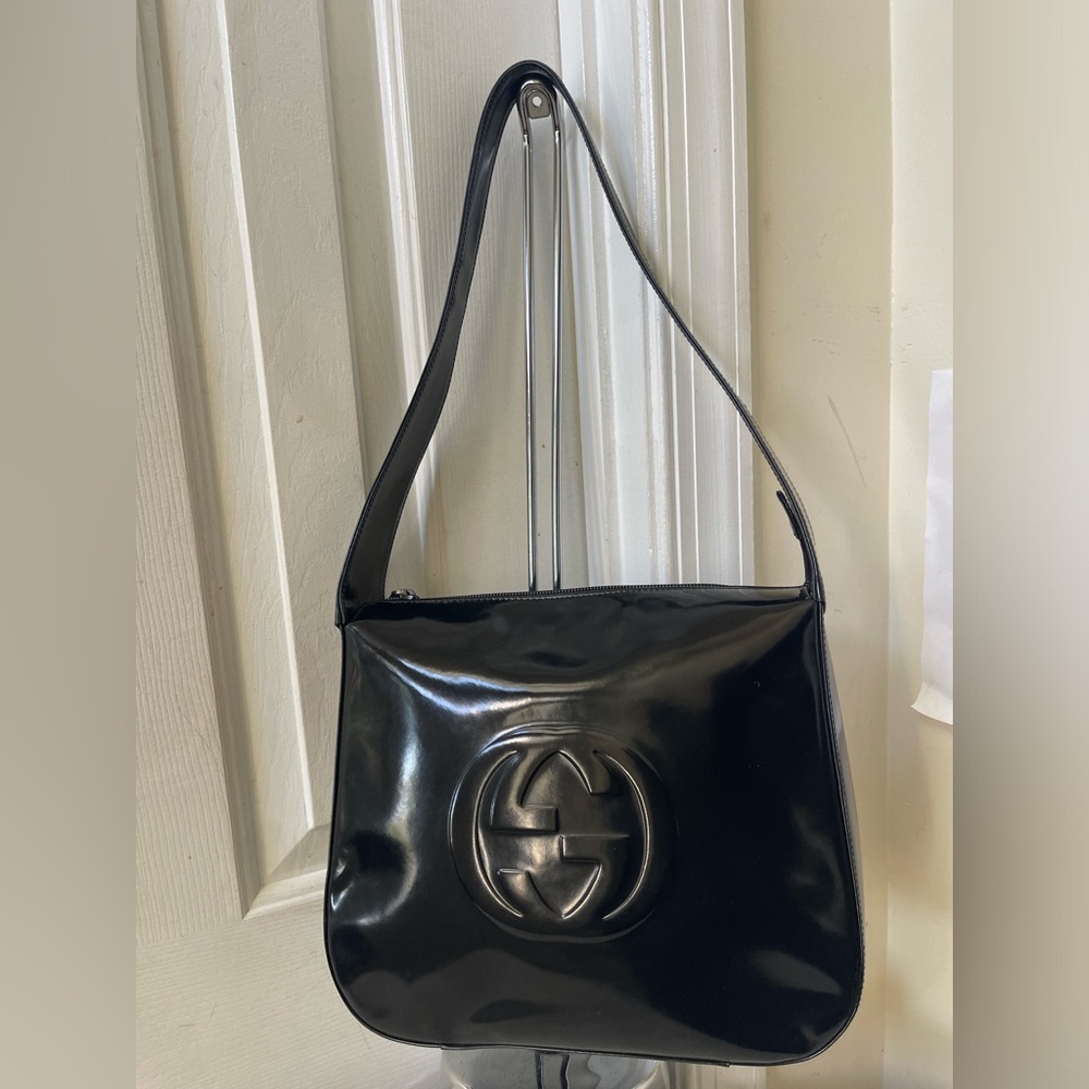 Gucci Black Patent Vintage Bag with Interlocking G